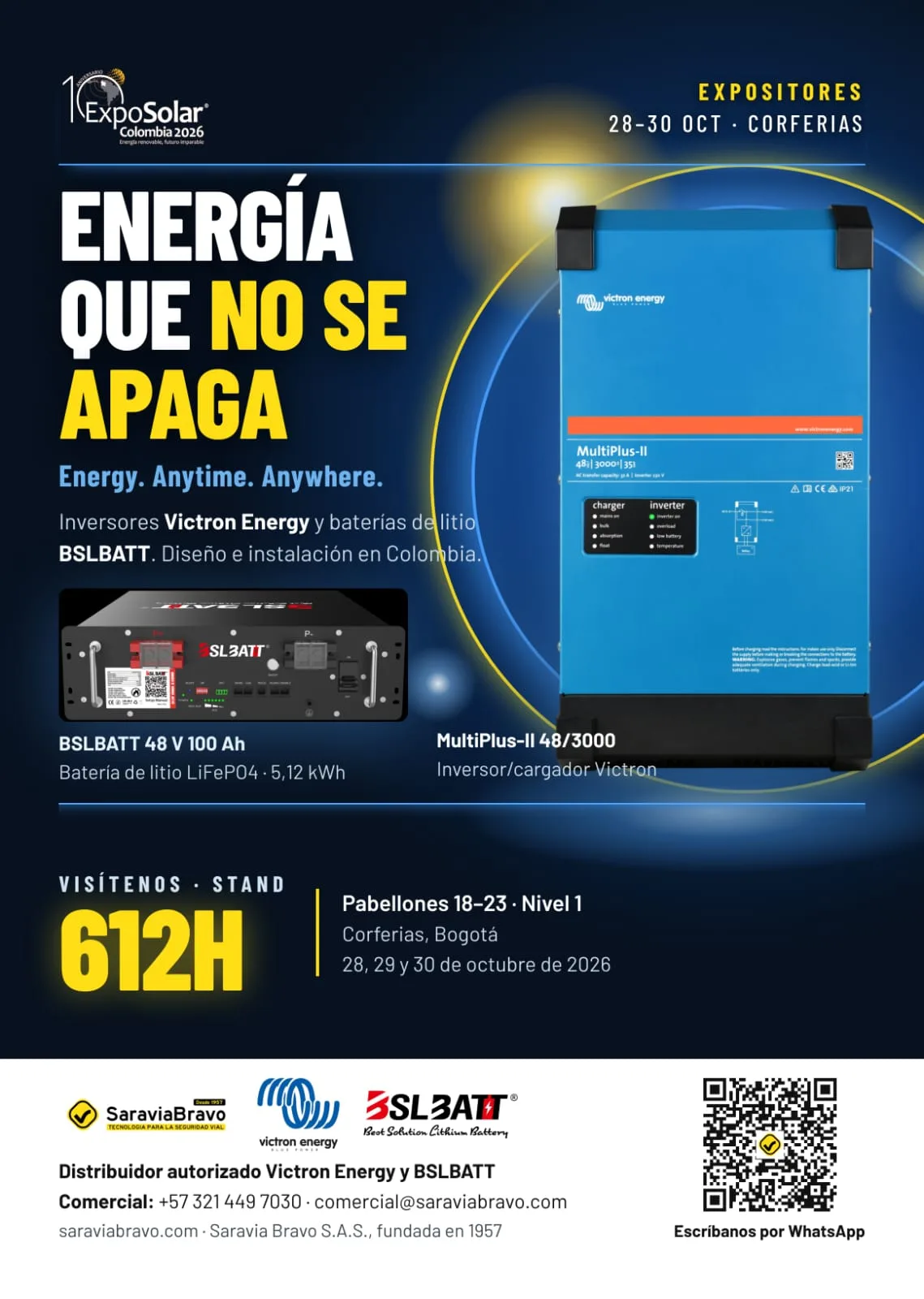 Afiche de Saravia Bravo para ExpoSolar Colombia 2026: inversor/cargador Victron MultiPlus-II 48/3000 y batería BSLBATT 48 V 100 Ah, stand 612H, Pabellones 18–23, Nivel 1, Corferias